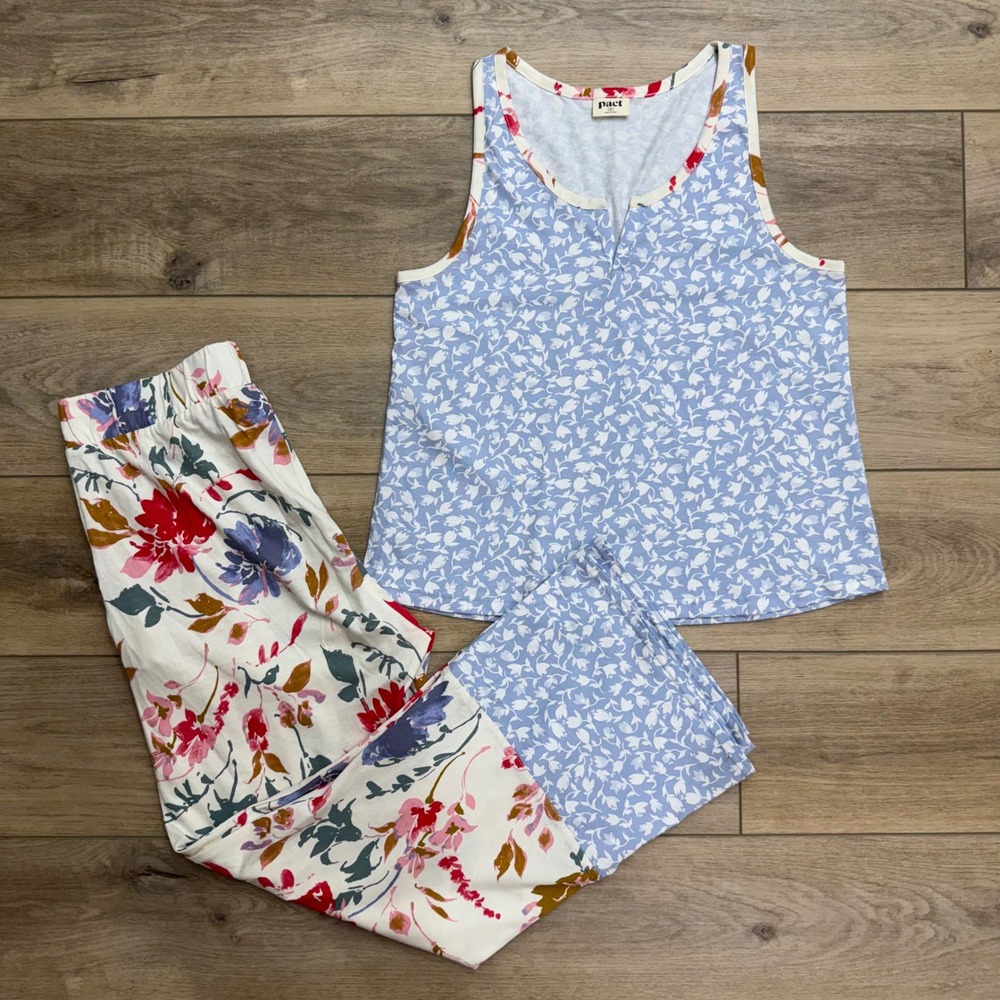 Pact Staycation Organic Cotton Floral Pajama Set Blue White Red Medium - Picture 2 of 14